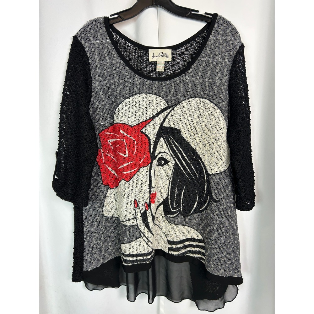 Avante Garde Joseph Ribkoff Red Graphic Rose Sequin Knit Layered Long sleeve Top